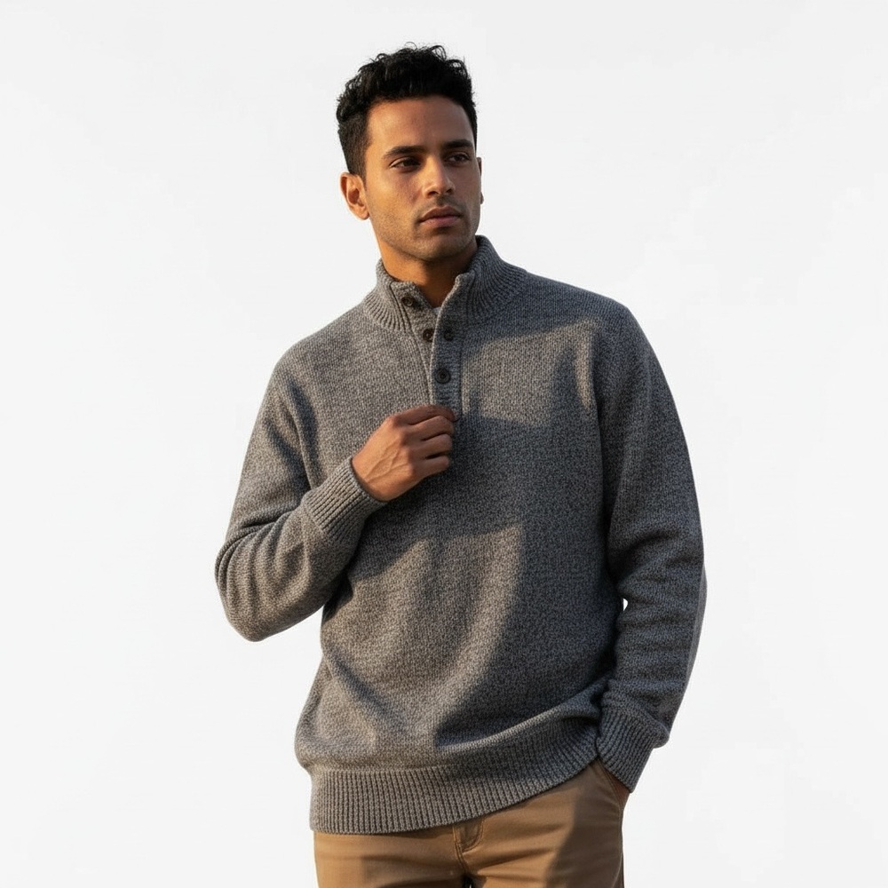1/4 button mock neck wool blend sweater